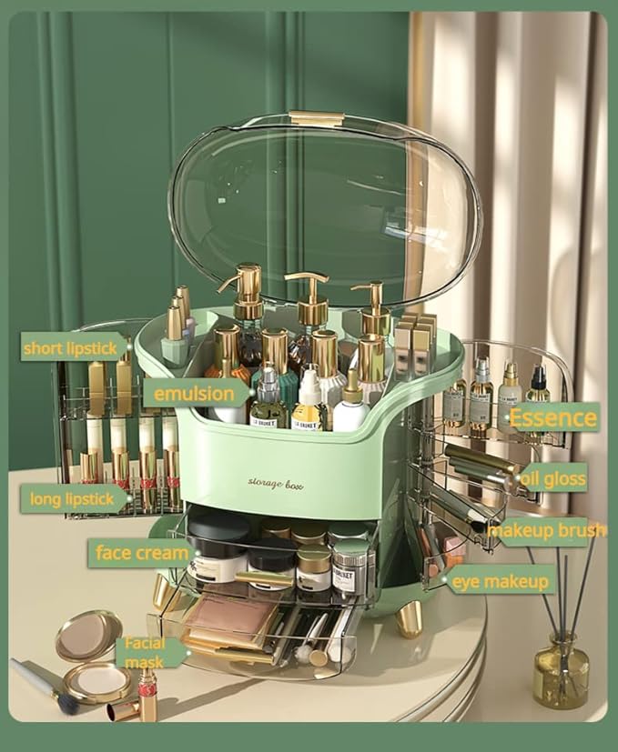 YAGVIZ Multi-Function Makeup Box Dustproof Cosmetic Storage Box,Cosmetics Products Jewelry Organizer Case Finishing Box Bedroom Bathroom Desktop,Portable Organizers(Green,Plastic),30 Cm