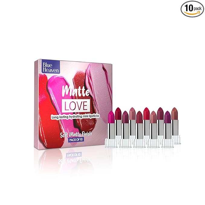 Blue Heaven Matte Love Mini Lipsticks pack of 10 | Long Lasting, Hydrating & Moisturizing Mini Roll on Lipsticks for Women | Soft-Matte Finish | 13g