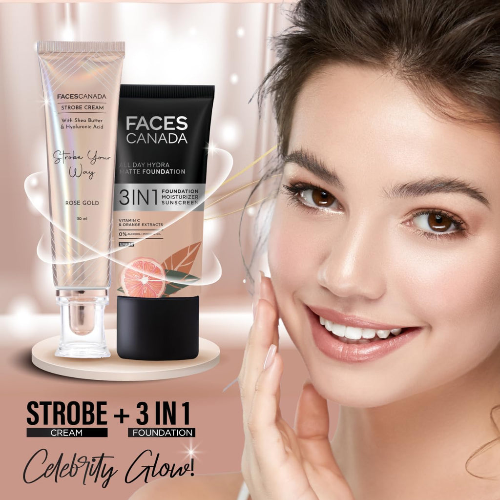 FACESCANADA Strobe Cream - Rose Gold, 30Ml | Primer + Highlighter + Moisturizer | Shea Butter & Hyaluronic Acid | Intense Hydration | Flawless Radiant Dewy Skin | Illuminating & Glowing Makeup Base